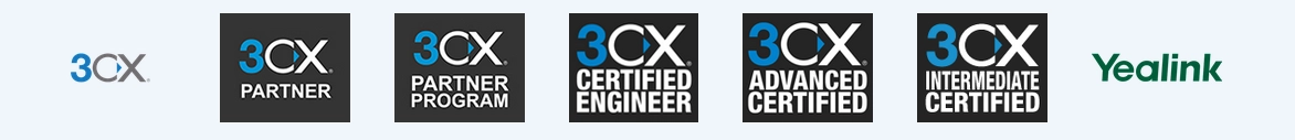Left to Right: 3CX, 3CX Partner, 3CX Certified Engineer, 3CX Advanced Certified, 3CX Intermediate Certified, Yealink